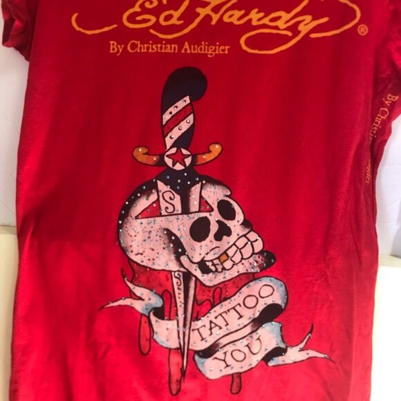 Ed Hardy Vintage Y2K Scull Tattoo Graphic Top T Shirt Fitted Logo Cotton Red L - Picture 4 of 16